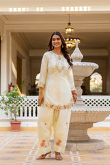 Women’s Embroidered Japan Satin Kurta Patiala Set with Dupatta – Off White, Coffee & Pista