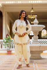 Women’s Embroidered Japan Satin Kurta Patiala Set with Dupatta – Off White, Coffee & Pista