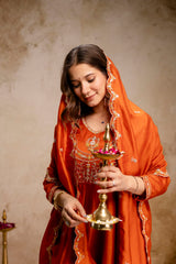 Women’s Traditional Embroidered Vichitra Silk Anarkali Kurta Set with Dupatta & Pant – Flared Festive Wear