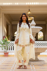 Women’s Embroidered Japan Satin Kurta Patiala Set with Dupatta – Off White, Coffee & Pista