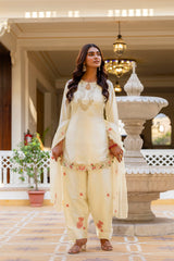 Women’s Embroidered Japan Satin Kurta Patiala Set with Dupatta – Off White, Coffee & Pista
