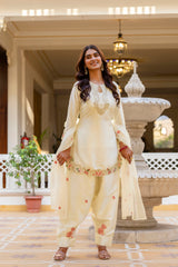 Women’s Embroidered Japan Satin Kurta Patiala Set with Dupatta – Off White, Coffee & Pista