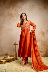 Women’s Traditional Embroidered Vichitra Silk Anarkali Kurta Set with Dupatta & Pant – Flared Festive Wear