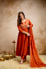 Women’s Traditional Embroidered Vichitra Silk Anarkali Kurta Set with Dupatta & Pant – Flared Festive Wear