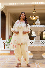 Women’s Embroidered Japan Satin Kurta Patiala Set with Dupatta – Off White, Coffee & Pista