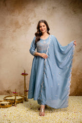 Women’s Traditional Embroidered Vichitra Silk Anarkali Kurta Set with Dupatta & Pant – Flared Festive Wear