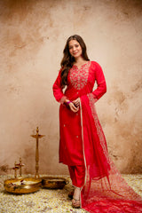 Amorina Women’s Embroidered Chanderi Silk Kurta Set with Organza Dupatta