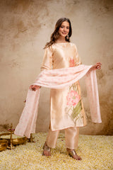 Women’s Cream Soft Assam Silk Floral Printed Kurta Pant Set with Teby Digital Print Dupatta