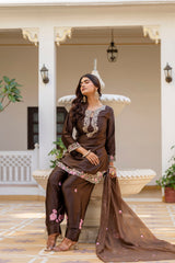 Women’s Embroidered Japan Satin Kurta Patiala Set with Dupatta – Off White, Coffee & Pista