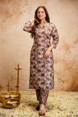Printed Magic Cotton Straight Kurta Set for Women with Embroidered V-Neckline & Dupatta