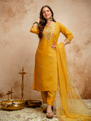 Amorina Women’s Embroidered Chanderi Silk Kurta Set with Organza Dupatta