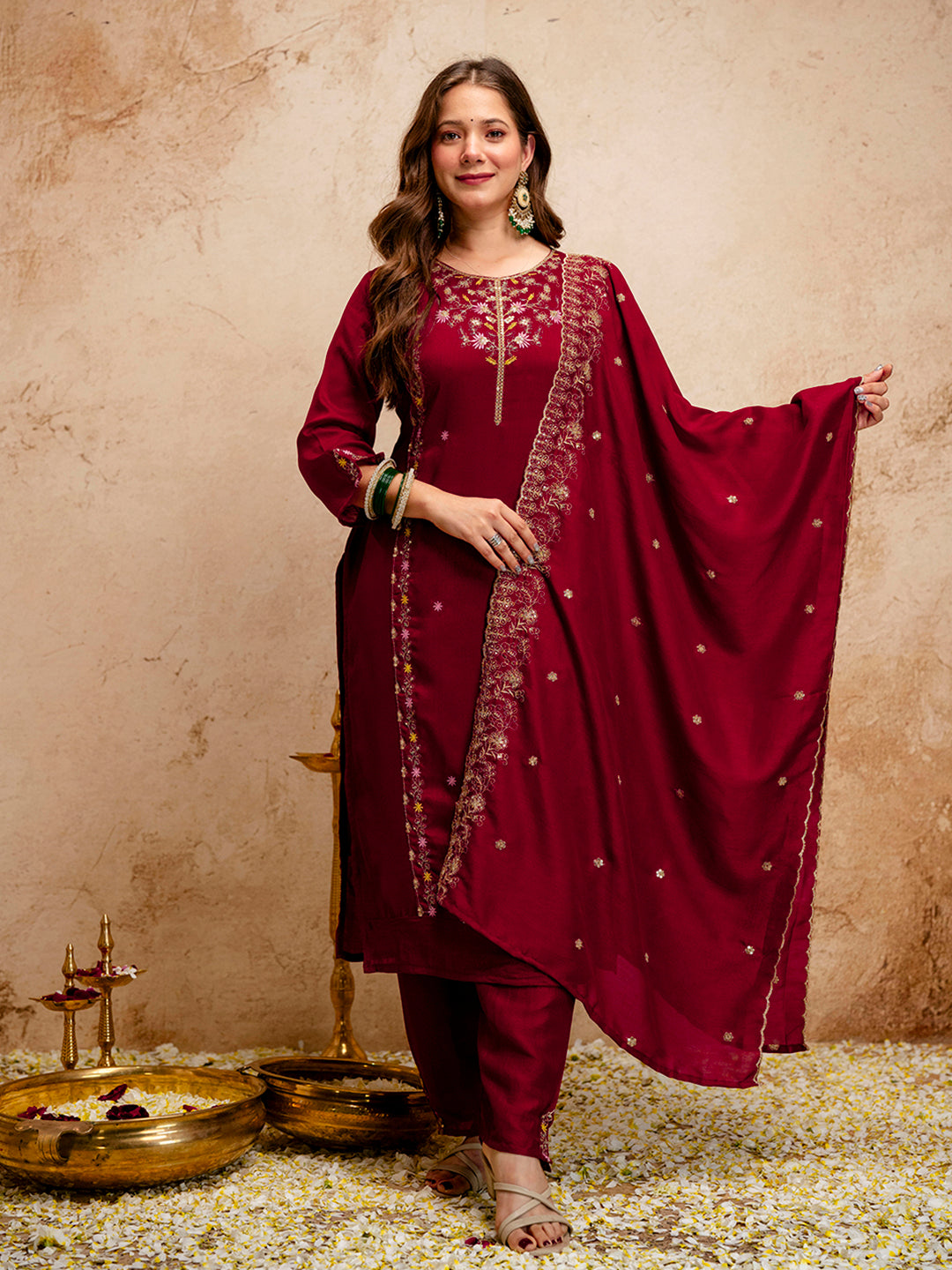 Women’s Maroon Vichitra Silk Embroidered Kurta Pant Set with Dupatta