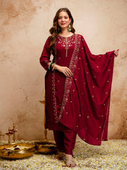 Women’s Maroon Vichitra Silk Embroidered Kurta Pant Set with Dupatta