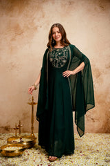 Women’s Dark Green Embroidered Georgette Anarkali Maxi Dress with Cape