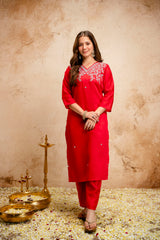 Women’s Red Embroidered Chanderi V-Neck Kurta Pant Dupatta Set