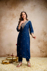 Women’s Petrol Embroidered Straight Kurta Pant Set with V-Neck & Digital Printed Tebby Dupatta