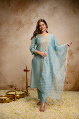 Women's Sea Green Embroidered Roman Silk Kurta Pant Dupatta Set
