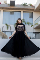 Black Embroidered Sequinned Anarkali Kurta with Dupatta for Women