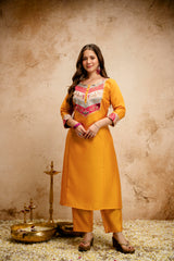 Women’s Yellow Chanderi Embroidered Flared Anarkali Kurta Pant Set with Dupatta