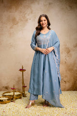 Women’s Traditional Embroidered Vichitra Silk Anarkali Kurta Set with Dupatta & Pant – Flared Festive Wear