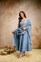 Women’s Traditional Embroidered Vichitra Silk Anarkali Kurta Set with Dupatta & Pant – Flared Festive Wear