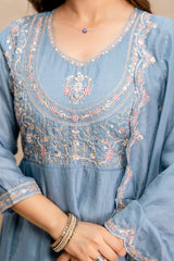 Women’s Traditional Embroidered Vichitra Silk Anarkali Kurta Set with Dupatta & Pant – Flared Festive Wear
