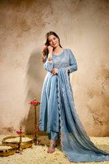 Women’s Traditional Embroidered Vichitra Silk Anarkali Kurta Set with Dupatta & Pant – Flared Festive Wear