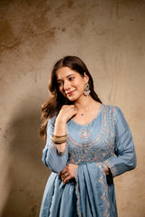 Women’s Traditional Embroidered Vichitra Silk Anarkali Kurta Set with Dupatta & Pant – Flared Festive Wear