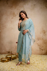 Women's Sea Green Embroidered Roman Silk Kurta Pant Dupatta Set