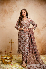 Printed Magic Cotton Straight Kurta Set for Women with Embroidered V-Neckline & Dupatta