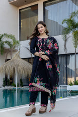 Women’s Yellow Embroidered D Chinon Kurti Pant Dupatta Set with Printed Tebby Silk Dupatta