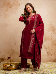Women’s Maroon Vichitra Silk Embroidered Kurta Pant Set with Dupatta