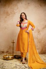 Women’s Yellow Chanderi Embroidered Flared Anarkali Kurta Pant Set with Dupatta