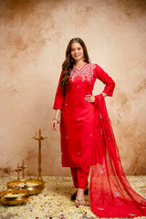 Women’s Red Embroidered Chanderi V-Neck Kurta Pant Dupatta Set