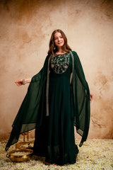 Women’s Dark Green Embroidered Georgette Anarkali Maxi Dress with Cape