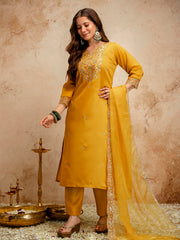 Amorina Women’s Embroidered Chanderi Silk Kurta Set with Organza Dupatta