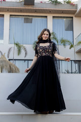 Black Embroidered Sequinned Anarkali Kurta with Dupatta for Women