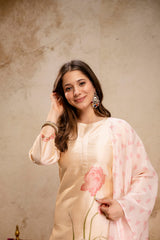 Women’s Cream Soft Assam Silk Floral Printed Kurta Pant Set with Teby Digital Print Dupatta