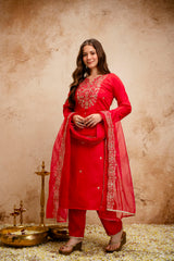 Amorina Women’s Embroidered Chanderi Silk Kurta Set with Organza Dupatta