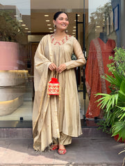 Women’s Beige Embroidered Chanderi Anarkali Kurta Pant Dupatta Set with Zari Dupatta