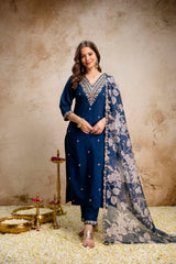 Women’s Petrol Embroidered Straight Kurta Pant Set with V-Neck & Digital Printed Tebby Dupatta