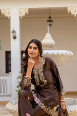 Women’s Embroidered Japan Satin Kurta Patiala Set with Dupatta – Off White, Coffee & Pista