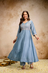 Women’s Traditional Embroidered Vichitra Silk Anarkali Kurta Set with Dupatta & Pant – Flared Festive Wear