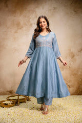 Women’s Traditional Embroidered Vichitra Silk Anarkali Kurta Set with Dupatta & Pant – Flared Festive Wear
