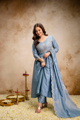 Women’s Traditional Embroidered Vichitra Silk Anarkali Kurta Set with Dupatta & Pant – Flared Festive Wear