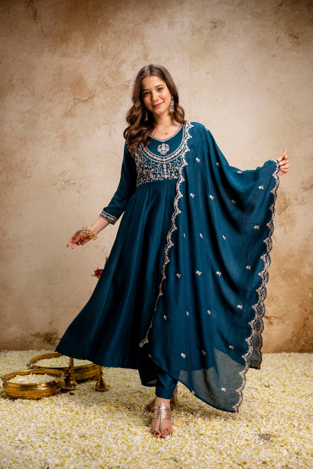 Women’s Traditional Embroidered Vichitra Silk Anarkali Kurta Set with Dupatta & Pant – Flared Festive Wear