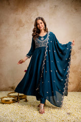 Women’s Traditional Embroidered Vichitra Silk Anarkali Kurta Set with Dupatta & Pant – Flared Festive Wear