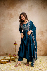 Women’s Traditional Embroidered Vichitra Silk Anarkali Kurta Set with Dupatta & Pant – Flared Festive Wear