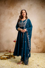 Women’s Traditional Embroidered Vichitra Silk Anarkali Kurta Set with Dupatta & Pant – Flared Festive Wear