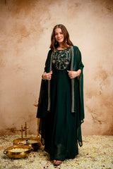 Women’s Dark Green Embroidered Georgette Anarkali Maxi Dress with Cape